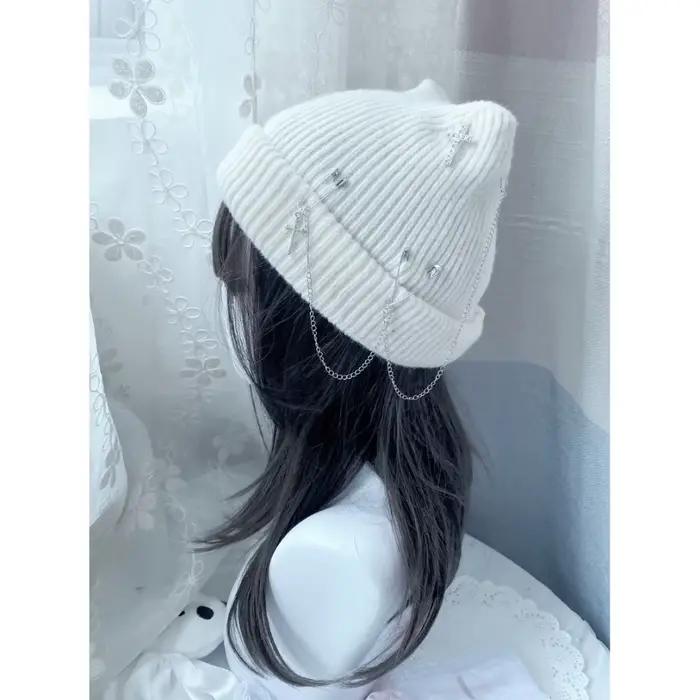 Bonnets tricotés gothiques Y2K pour femmes, chapeau d'oreille de chat, chapeau de crâne en Crochet f
