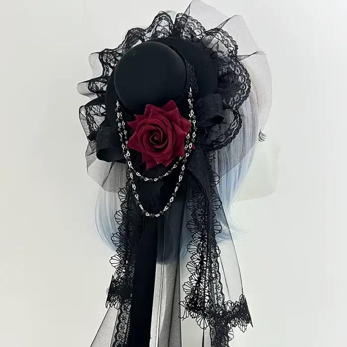 Chapeau gothique en mousseline de soie pour femmes, Rose, noir, blanc, rétro, chaîne foncée, fête de