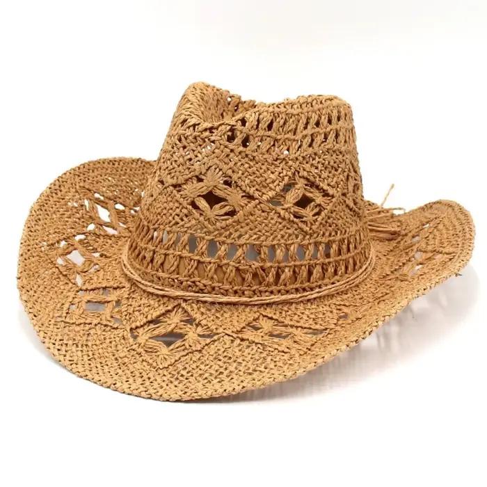 Chapeau de paille bohème ajouré à large bord avec décorations coquillages, pliable, style vintage, c