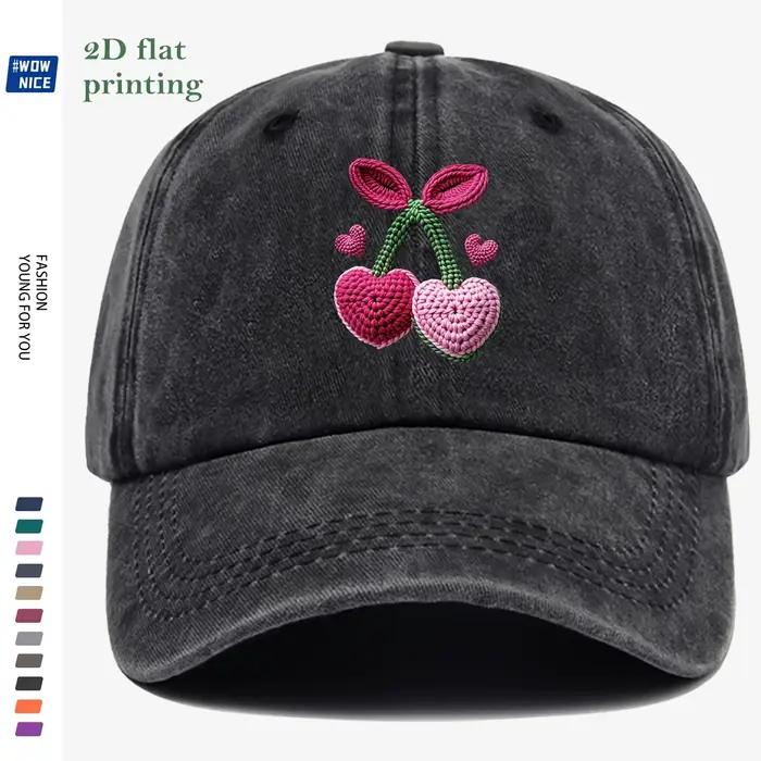 Casquette de baseball plate thermocollante 3D avec cerises, motif cœurs en crochet rose-violet avec 