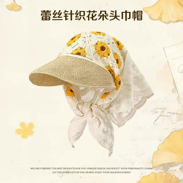 Style pastoral français fleur dentelle épissage foulard casquettes femmes été bord de mer voyage Pro