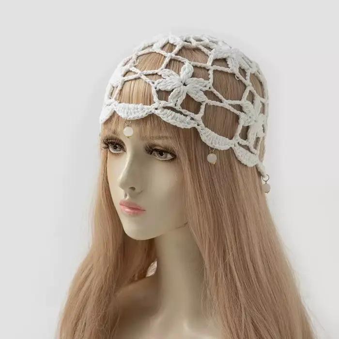 Chapeau tricoté à fleurs au crochet de style bohème, bonnet fin ajouré fait main, accessoires vestim