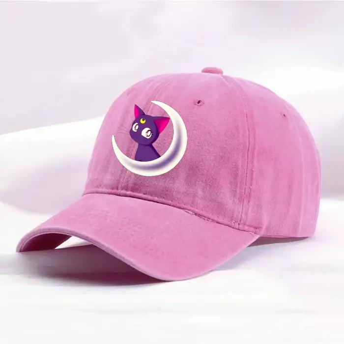 Casquette de baseball délavée Sailor Moon pour femme, motif Luna Artemis Chat Mignon, style Hip Hop,