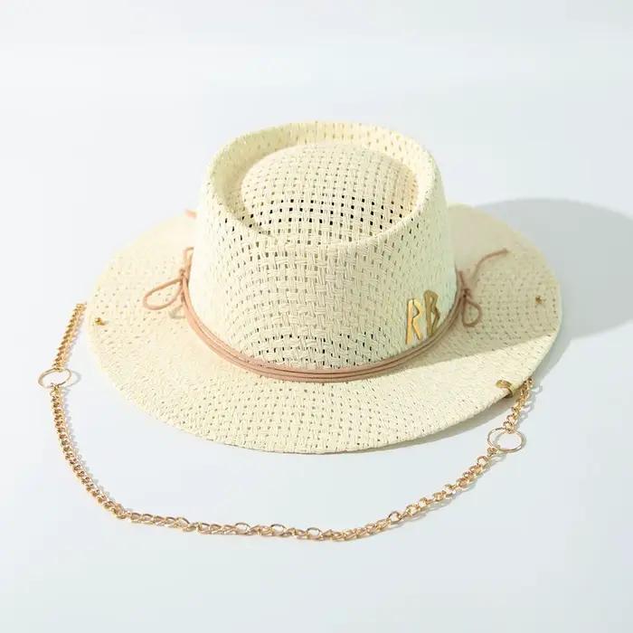Chapeau de soleil en paille avec chaîne décorative, chapeau respirant tressé ajouré style européen, 