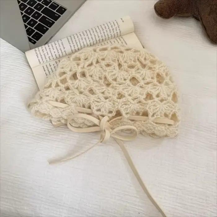 Chapeau tricoté ajouré au Crochet avec nœud rétro, chapeau à bretelles de Style bohème ethnique coré