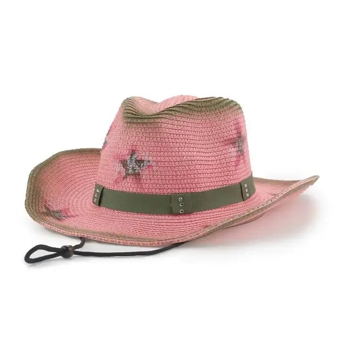 Chapeau de Cowboy en paille à bord roulé, tricoté à la main, casquette de soleil de plage occidental