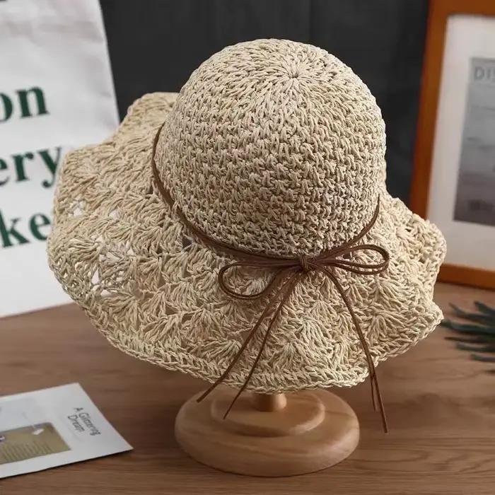 Chapeau de pêcheur de plage de vacances, Protection solaire de bord de mer, Chapeau de paille tissé 
