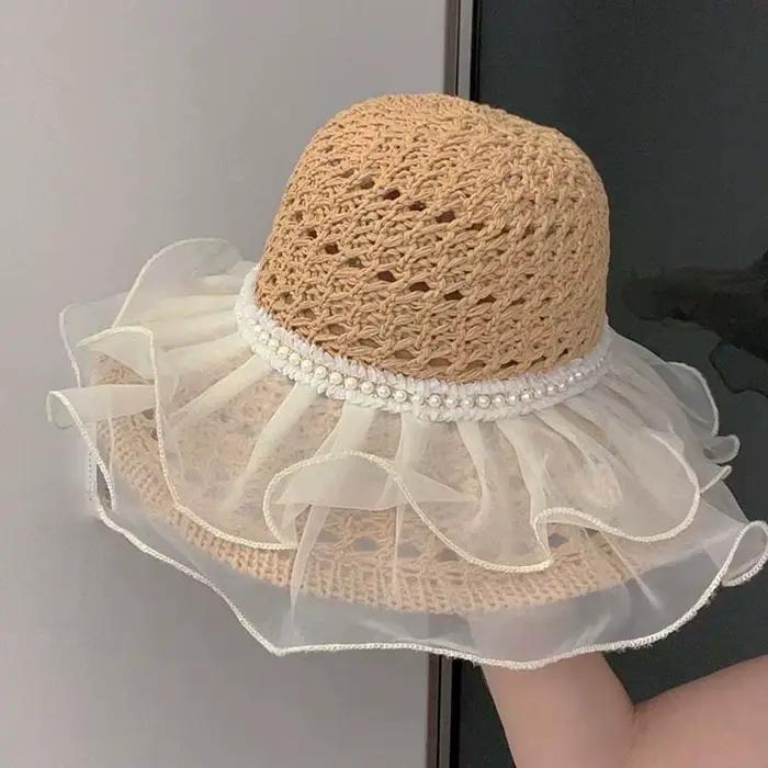 Chapeau de plage tressé en polyester kaki, fin et souple, à large bord, ajouré, orné de dentelle et 