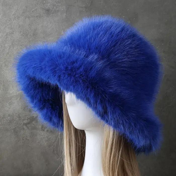 Grand chapeau seau en fausse fourrure pour femmes, chapeau de pêcheur en peluche de luxe, chaud d'hi