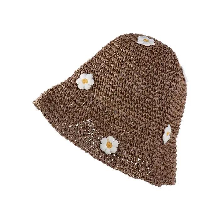 Chapeau de Plage Bohème pour Femme, Chapeau Plat Tressé à la Main avec Fleurs, Casquette Panama, Cha