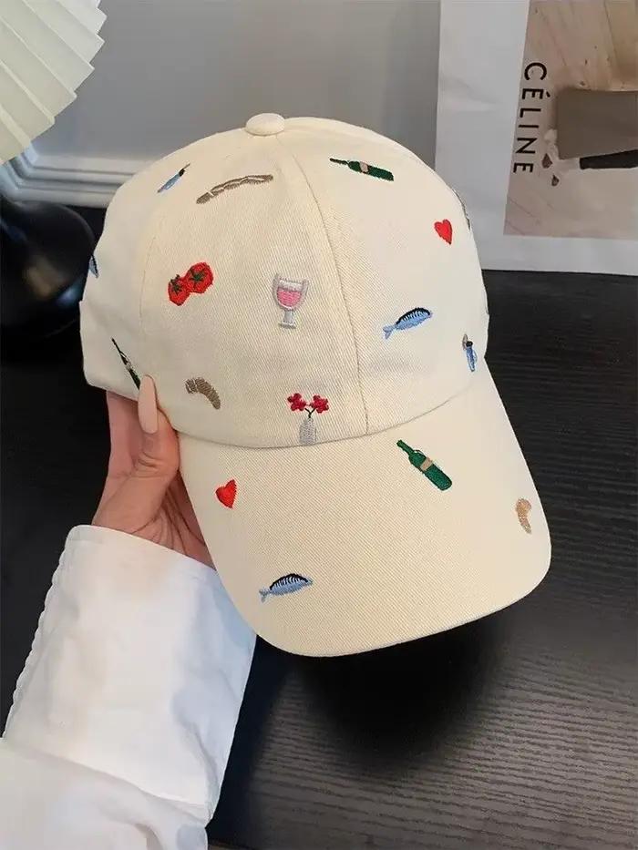 Casquette de baseball brodée Kawaii pour femme, motif esthétique nourriture et vin, en coton doux, r