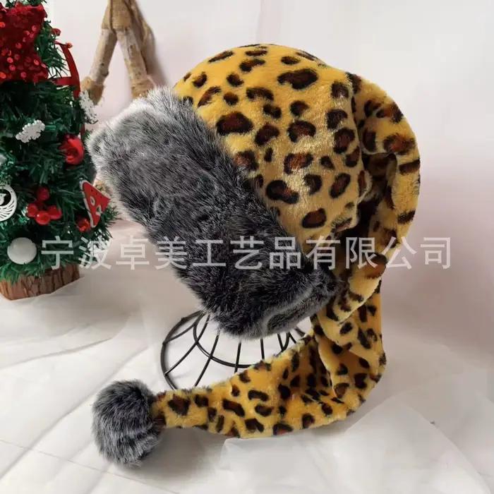 Chapeau de Noël 30x75cm à double couche, bordure noire, imprimé léopard, en peluche, long chapeau dé
