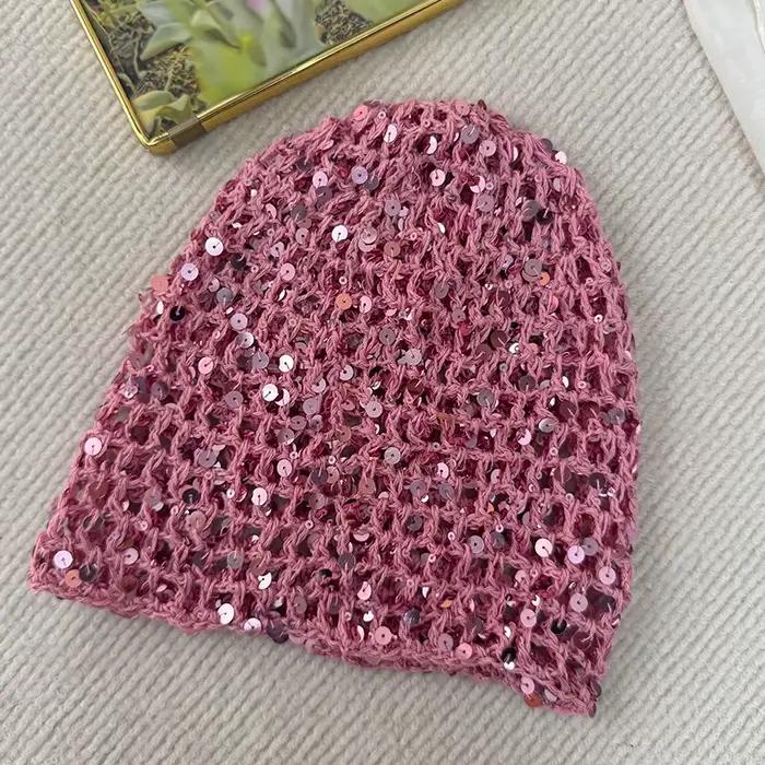 Bonnet tricoté ajouré à paillettes style Ins pour femme, été, voyage, ambiance photo, polyvalent, dé