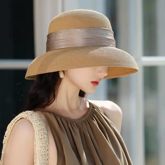 Chapeau de soleil élégant en paille Lafite style bohème à pois pour femme, casquette ajourée style f