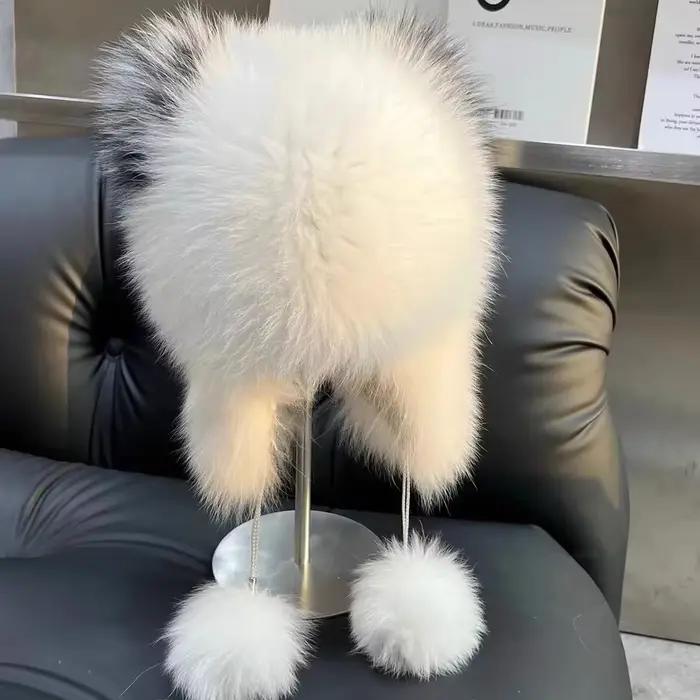 Ushanka-Chapeaux en fourrure de renard véritable pour femmes, chapeau de bombardier cousu à la main,