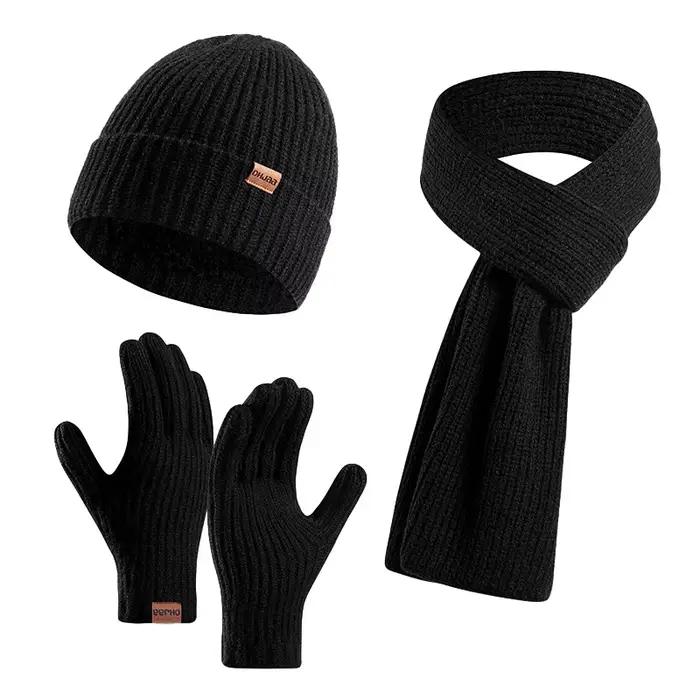 Chapeau tricoté pour hommes, nouvelle laine de mouton épaisse, écharpe, gants, ensemble de trois piè
