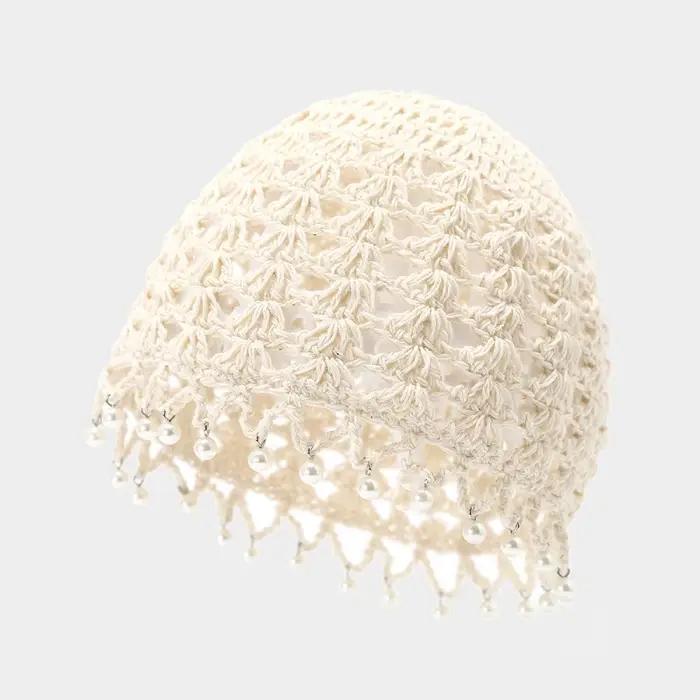 Chapeau en crochet ajouré mignon et élégant avec perles et pompons, style ethnique, fin, fait main, 