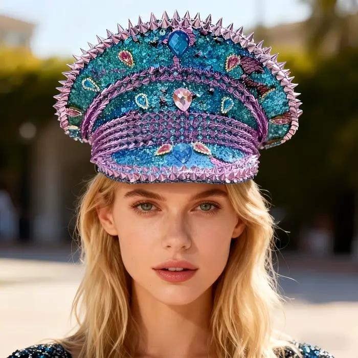 HongLuan Bleu Steampunk Capitaine Chapeau Strass pour Burning Man Festival Femme, Accessoires Milita