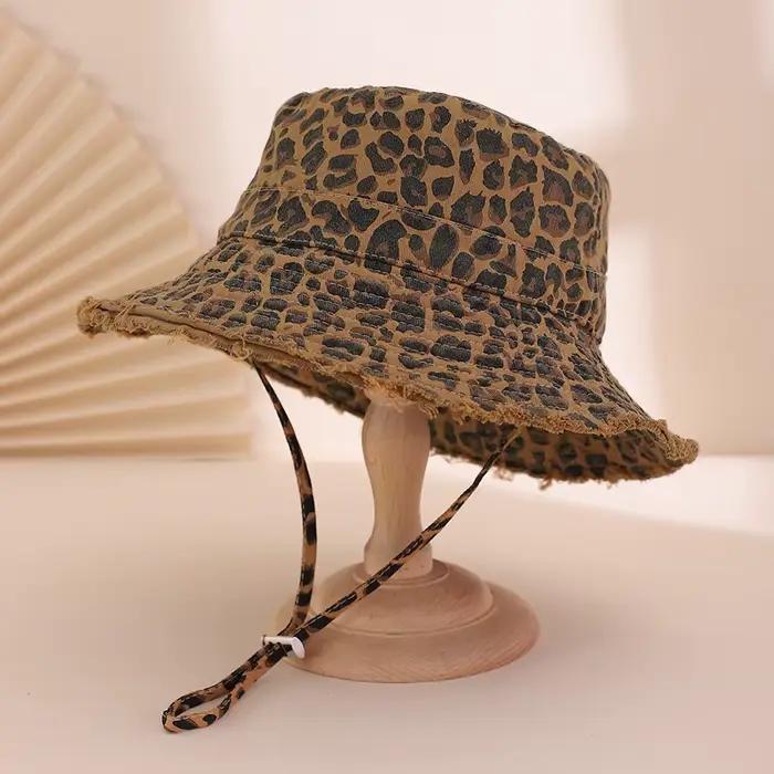 Chapeau Bob Coréen Rétro et Tendance à Imprimé Léopard, Décontracté et Polyvalent, avec Bord Volanté