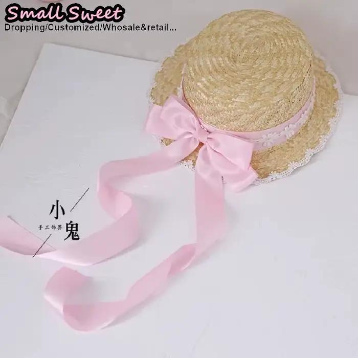 Chapeau de paille Lolita style petite boutique de bonbons, avec nœud en dentelle et ruban, pour femm