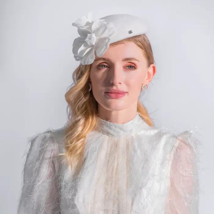 FS – béret en feutre de laine pour femmes, chapeau haut-de-forme blanc, petite casquette de robe pou