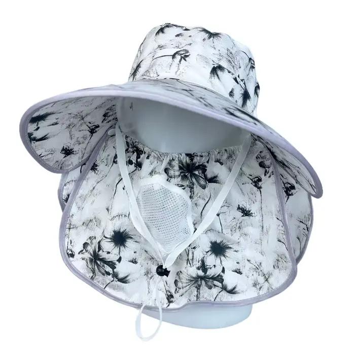 Chapeau de soleil intégral pour femme avec protection UV, châle intégré, large bord, maille respiran