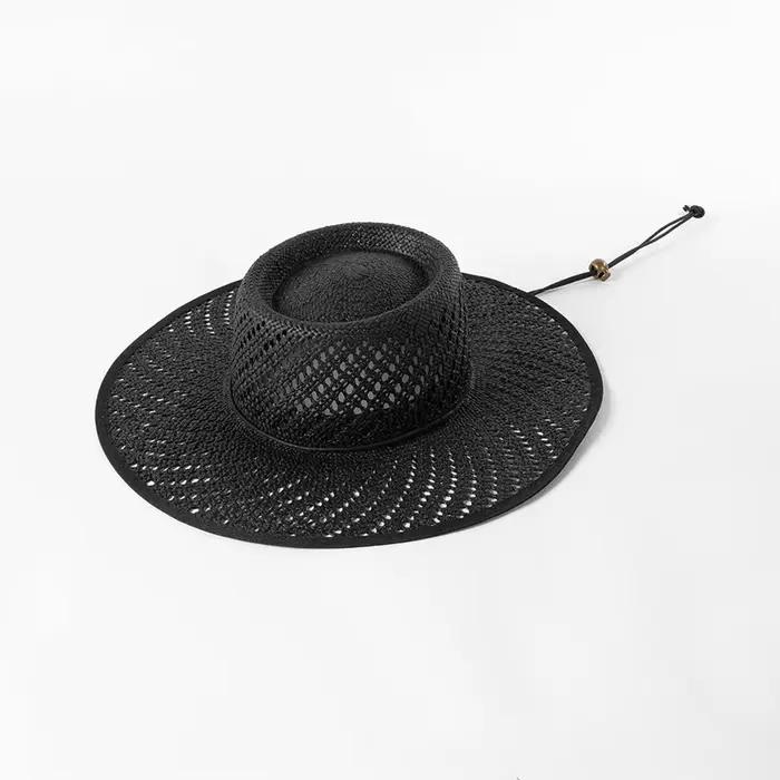 Chapeaux de paille de plage creux à grand bord pour femmes, nouveau style de créateur, avec bretelle