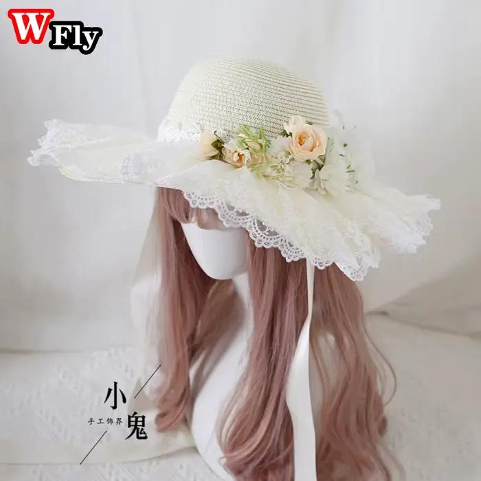 Harajuku-Chapeau de plage en paille pour femmes et filles, couvre-chef d'été à larges bords, fait à 