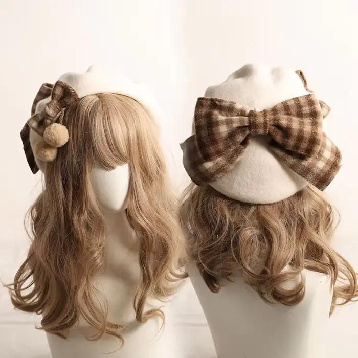 Béret à carreaux mode britannique japonais chapeau à nœud en laine femme automne et hiver joker