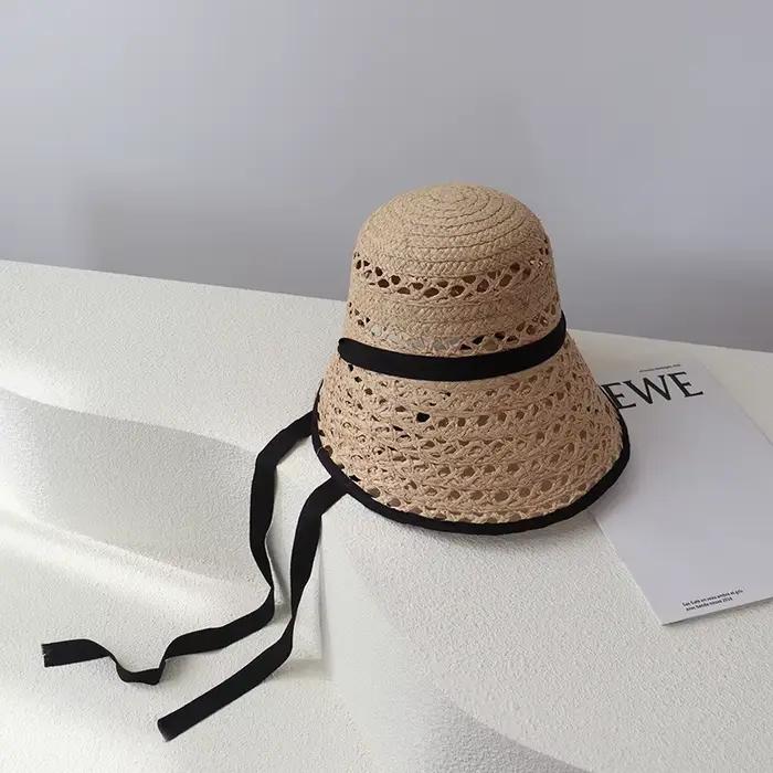 Chapeaux de soleil en raphia véritable français à lacets pour femmes, à large bord, ouverture arrièr