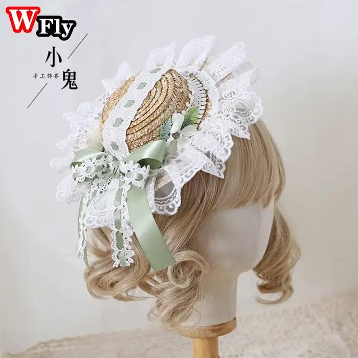 Harajuku doux femmes filles été chapeau de paille plage chapeau de soleil à la main kawaii Lolita pr