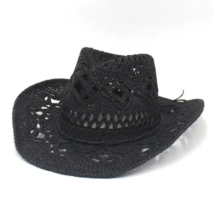 Chapeau de paille bohème unisexe ajouré, style vintage, à large bord, pliable, avec décoration coqui