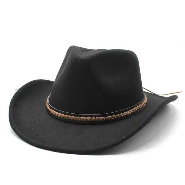 Chapeau de Cowboy occidental à bord enroulable d'hiver avec cuir rétro Gentleman dame Jazz Cowgirl c