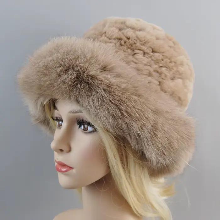 Nouveau luxe tricoté réel véritable fourrure de renard chapeaux femmes bonnets solide Rex lapin four