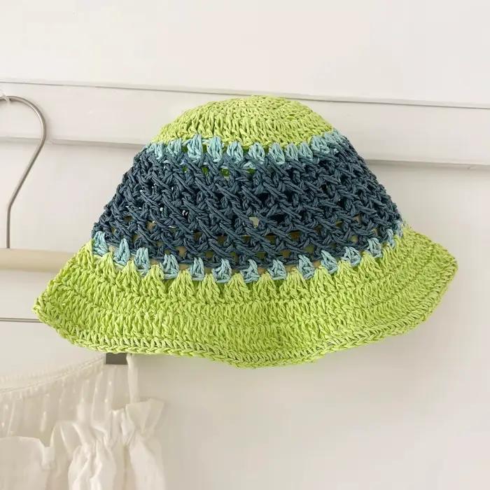 Chapeaux Bob en Paille Raphia Rayés Arc-en-ciel d'Été pour Femme, Chapeau de Soleil Pliable Fait Mai