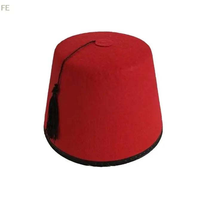 Chapeau Fez Rond en Feutre Respirant Rouge – Chapeau Marocain Cosplay Turc à Pompons – Fournitures d