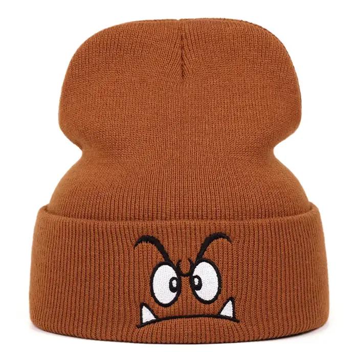 Chapeau tricoté de dessin animé drôle, chapeau de haricot, chapeau d'hiver en plein air brodé chapea