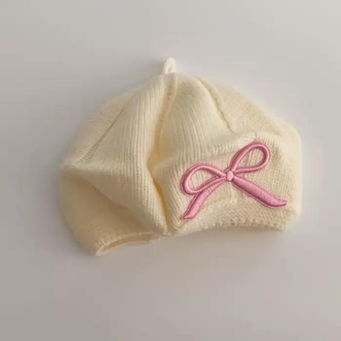 Béret pour filles, chapeau tricoté en laine avec nœud brodé, mignon pour enfants, casquette chaude d