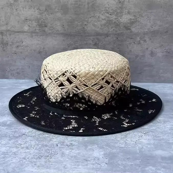 Chapeau plat en raphia tressé à la main pour femme, style rétro, en paille, élégant, pour l'été, pro