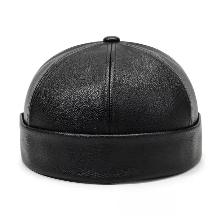 Casquette Docker Rétro Décontractée en Cuir PU, Sans Visière, Réglable, Couleur Unie, Automne Hiver