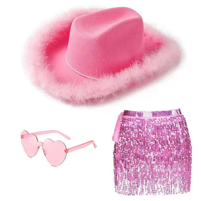 Chapeau de Cowboy occidental rose rétro pour femmes, lunettes de soleil, écharpe carrée, jupe de dan