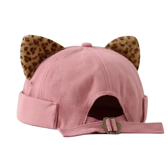 Casquette Docker Melon Hip Hop à Oreilles de Chat Imprimé Léopard, sans Visière, Couleur Unie, Bord 