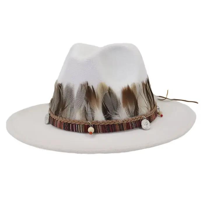 Chapeau Fedora à bande décorative de Style ethnique pour hommes et femmes, chapeau de Jazz à bord pl