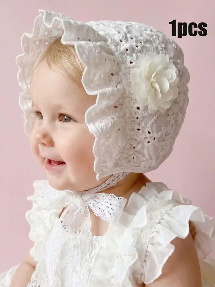 1 pièce Bonnet pour bébés filles 6-18 mois, blanc, en dentelle à fleurs, style rétro, broderie riche