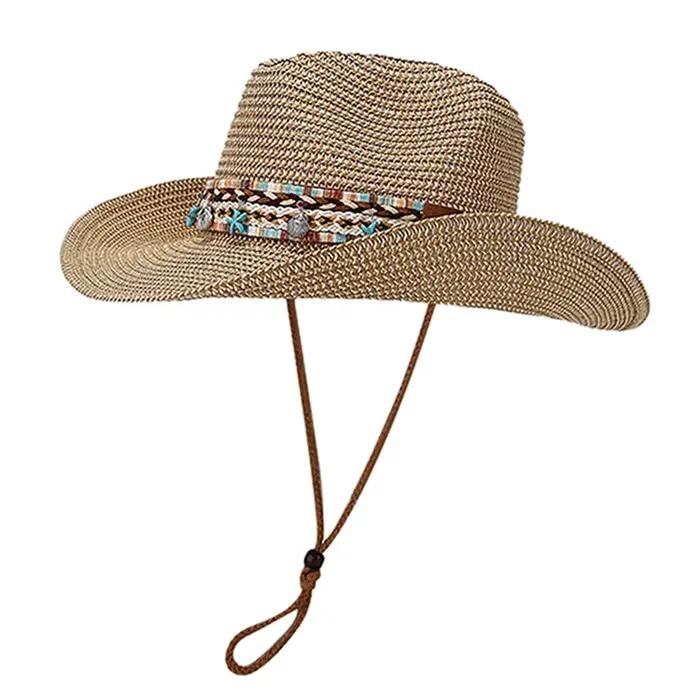 Bohemian Straw Sun Hat Women Summer Breathable Foldable Sun Protection Western Cowgirls Hat Ethnic S