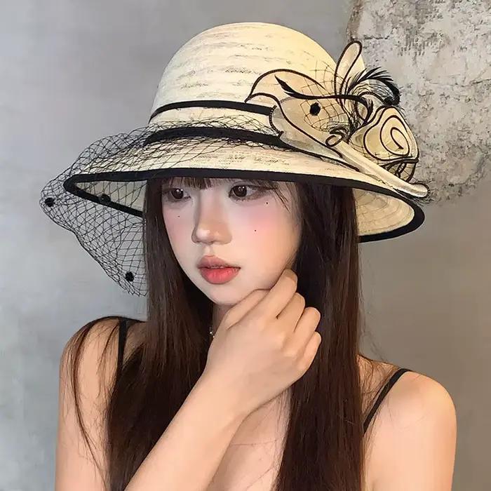 Chapeaux Bob en Dentelle Française Hepburn pour Femme, Style Britannique, Élégants, à Fleurs, en Den
