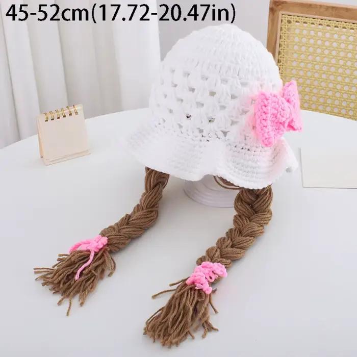 Bonnet en laine pour enfants avec nœud rose avec tresses, tricoté à la main, cache-oreilles tressé, 