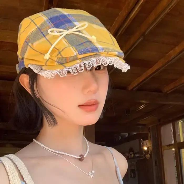 Bérets à carreaux en dentelle pour femmes, Design avec nœud doux, couleur contrastée, casquette Y2K 
