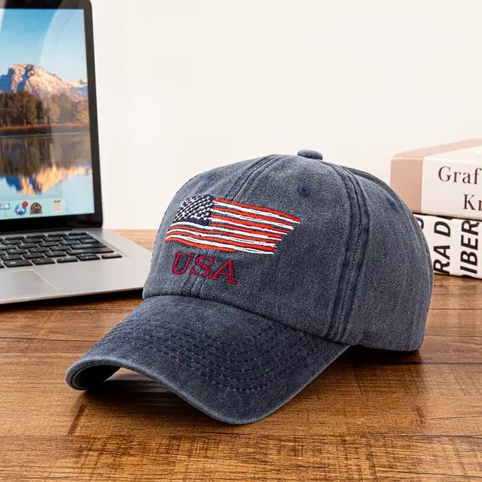 Casquette de baseball en coton lavé brodée drapeau américain USA pour hommes et femmes, style vintag