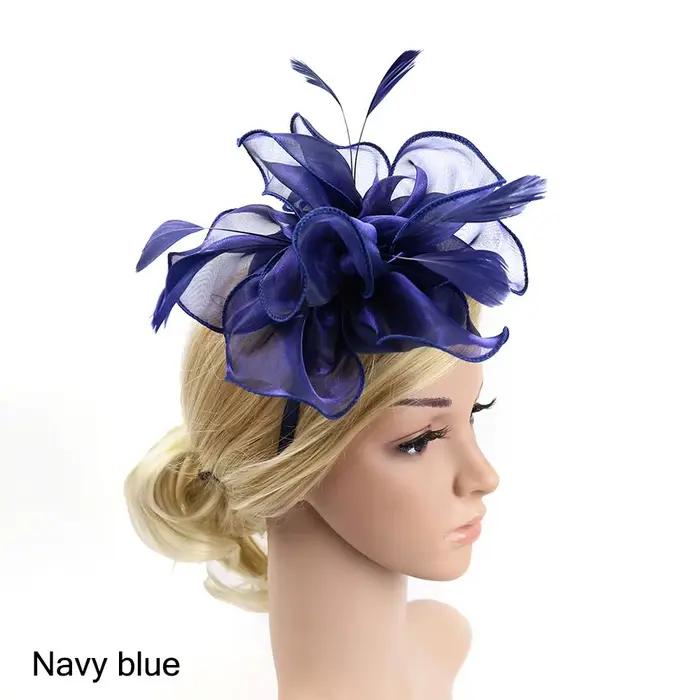 Fedoras de voile de plumes de fleur de maille pour des femmes, bandeau de sauna, fascinateurs de cha